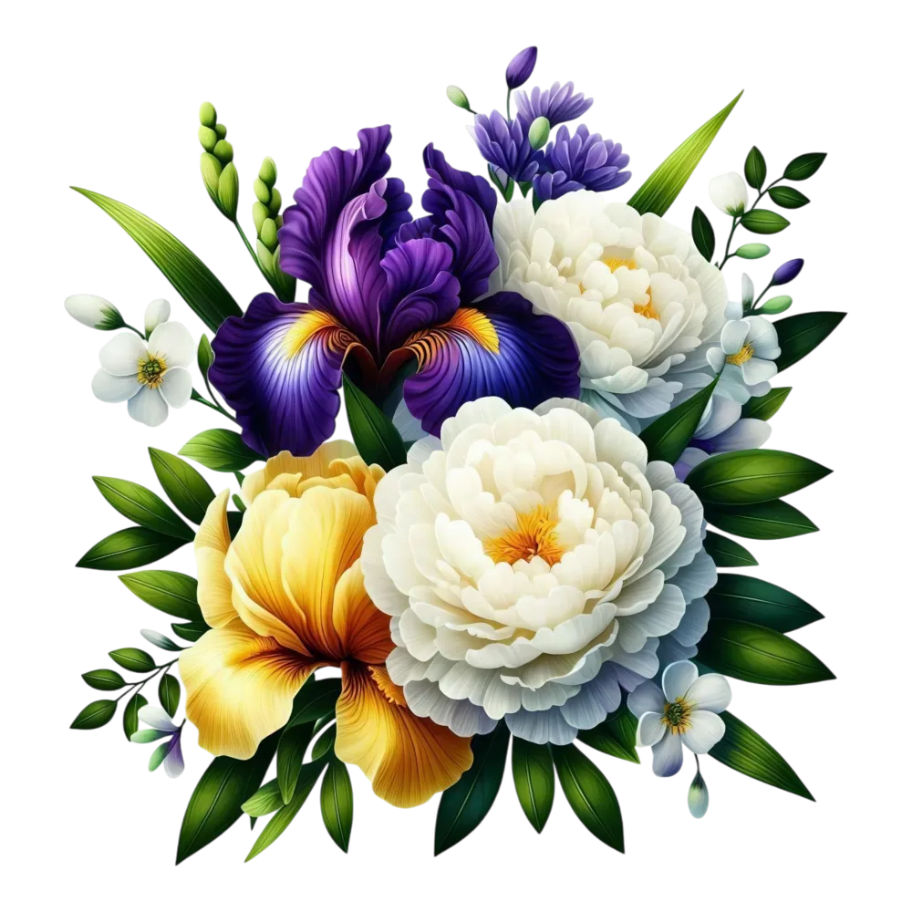Colorful Bouquet of Purple Iris and White Peonies with Green Leaves