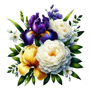 Colorful Bouquet of Purple Iris and White Peonies with Green Leaves