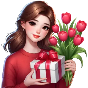 Smiling Woman Holding Tulip Bouquet and Gift Box with Red Ribbon