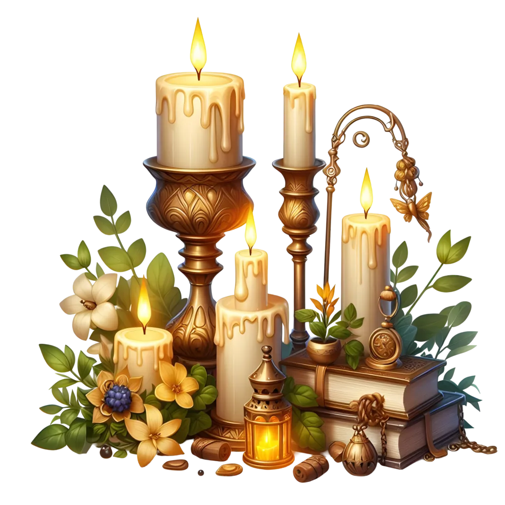 Decorative Vintage Candles and Books with Flowers and Lantern