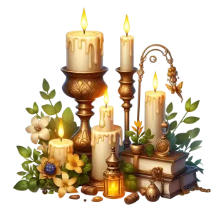 Decorative Vintage Candles and Books with Flowers and Lantern