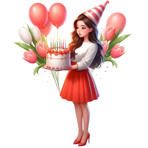 Girl Holding Birthday Cake with Balloons and Tulips