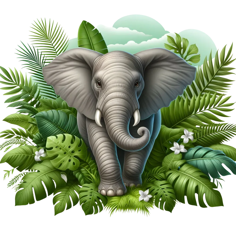 Elephant Walking Through Jungle Foliage Illustration
