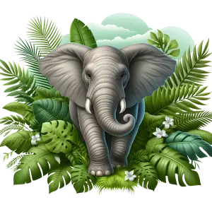 Elephant Walking Through Jungle Foliage Illustration
