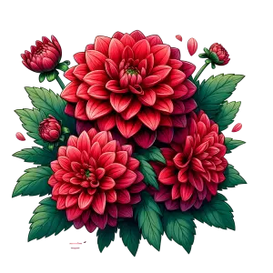 Red Dahlia Flowers with Green Leaves Illustration