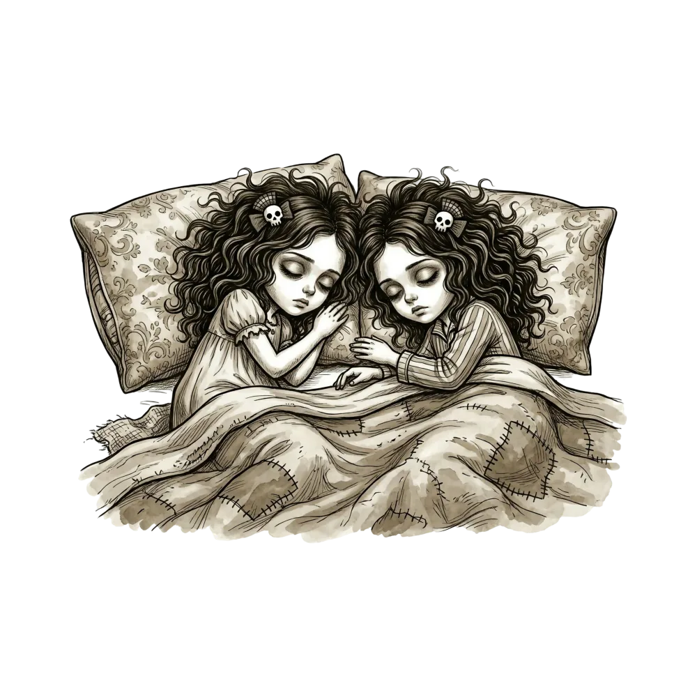 Illustration of Two Sleeping Gothic Style Girls with Curly Hair
