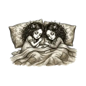 Illustration of Two Sleeping Gothic Style Girls with Curly Hair