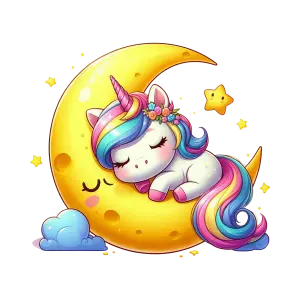 Cute Sleeping Unicorn on Crescent Moon with Stars and Clouds