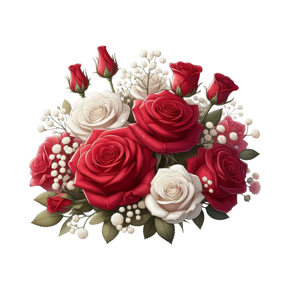 Bouquet of Red and White Roses with Baby's Breath