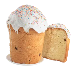 Traditional Easter Kulich Bread with White Icing and Colorful Sprinkles