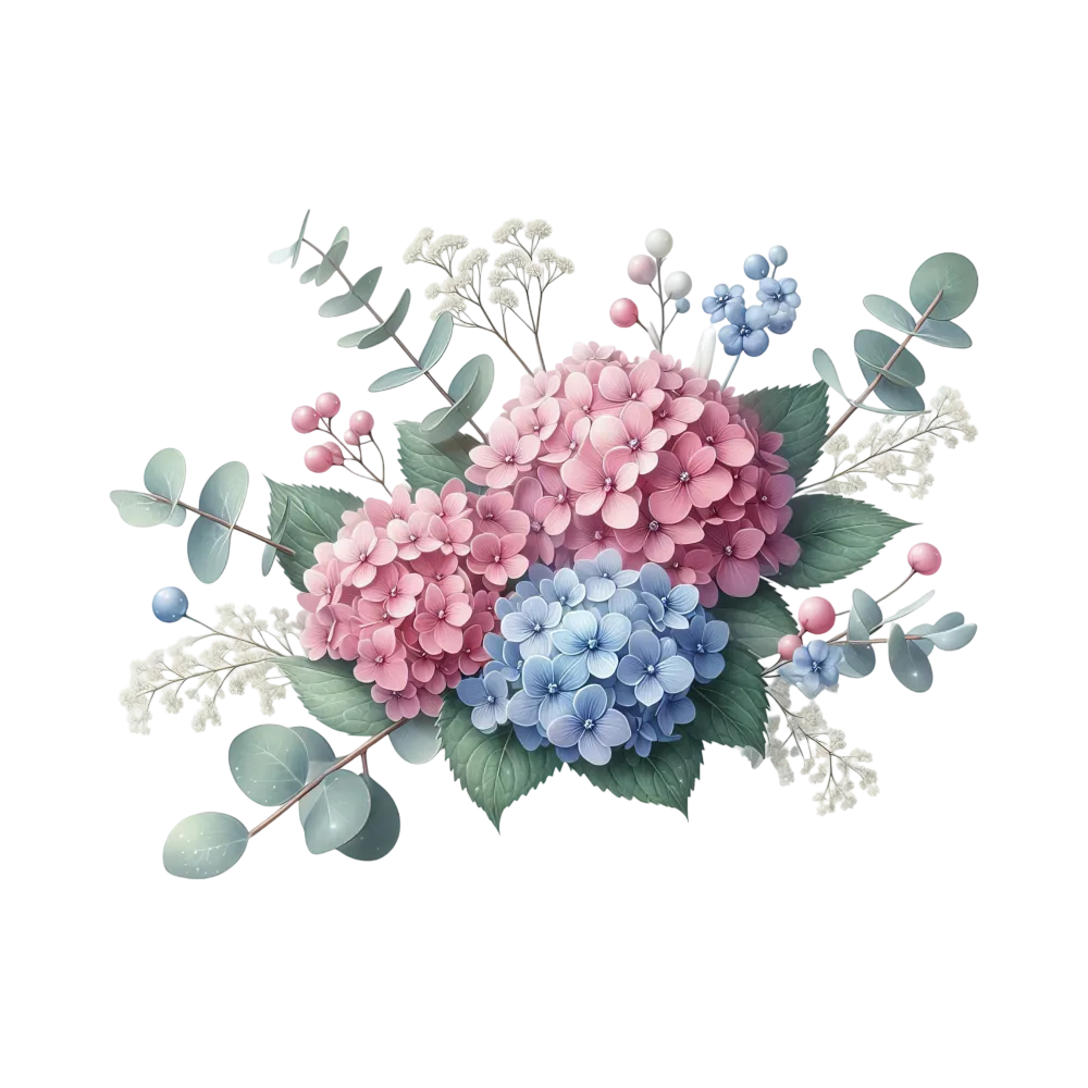 Hydrangea Floral Bouquet with Pink, Blue Flowers and Green Leaves