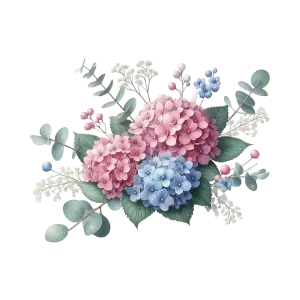 Hydrangea Floral Bouquet with Pink, Blue Flowers and Green Leaves