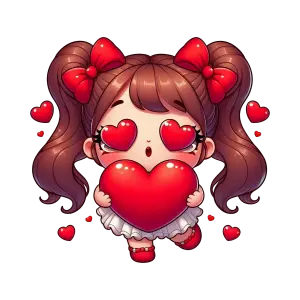 Cute Cartoon Girl with Heart Eyes Holding Large Red Heart
