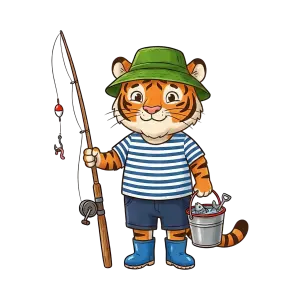 Cartoon Tiger Character Fishing with Bucket of Fish