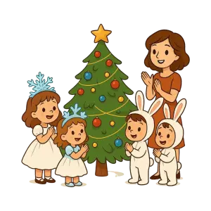 Children and Woman Celebrating Christmas Around Tree
