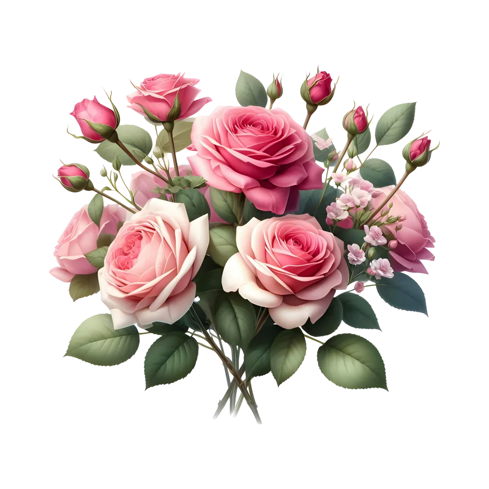 Bouquet of Pink and White Roses with Green Leaves