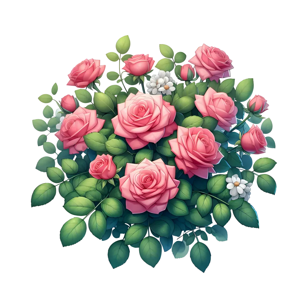 Pink Roses and White Blossoms with Green Leaves