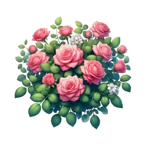 Pink Roses and White Blossoms with Green Leaves