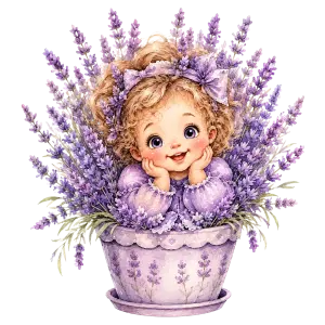 Cute Baby Girl in Lavender Flower Pot with Bow