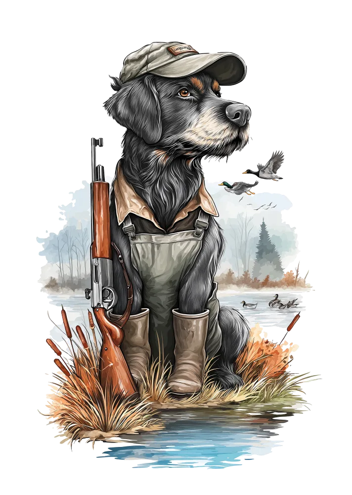 Hunting Dog in Waders and Cap with Rifle by Lakeside
