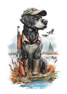 Hunting Dog in Waders and Cap with Rifle by Lakeside