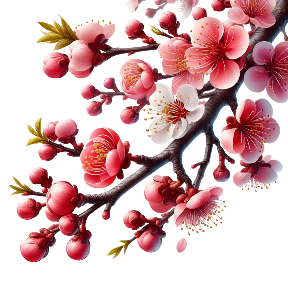 Realistic Pink Cherry Blossom Branch with Buds and Flowers