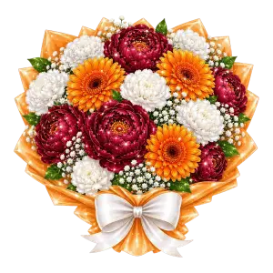 Colorful Bouquet with Red Peonies, White Chrysanthemums, and Orange Gerberas