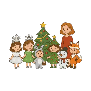 Children and Adult in Christmas Costumes with Decorated Trees