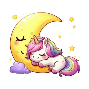 Cute Sleeping Unicorn on Crescent Moon with Stars