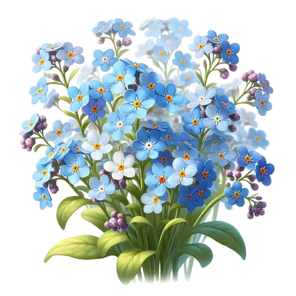 Bouquet of Blue Forget-Me-Not Flowers with Green Leaves
