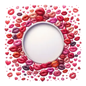 Round Frame with Colorful Lipstick Kiss Marks and Hearts