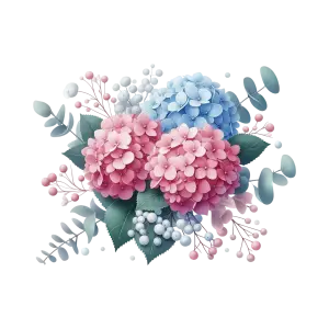 Pink and Blue Hydrangea Flower Arrangement with Green Leaves and Berries