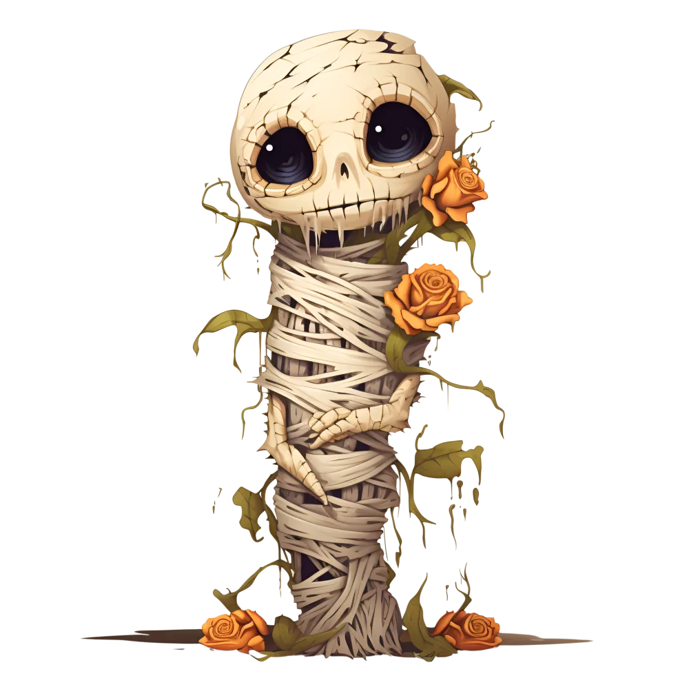 Cute Wrapped Mummy with Large Eyes and Orange Roses