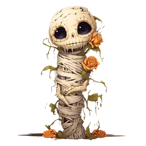 Cute Wrapped Mummy with Large Eyes and Orange Roses