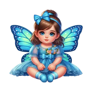Cute Baby Fairy with Blue Dress and Wings Sitting
