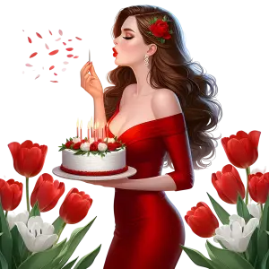 Woman in Red Dress Blowing Out Candles on Birthday Cake with Tulips
