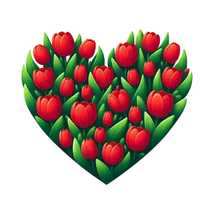 Heart-Shaped Cluster of Red Tulips with Green Leaves