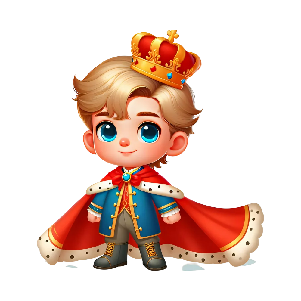 Cute Cartoon King Character with Crown and Cape
