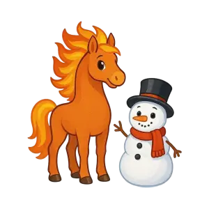 Cartoon Orange Flame Horse and Snowman with Black Top Hat