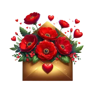 Golden Envelope with Red Flowers and Hearts
