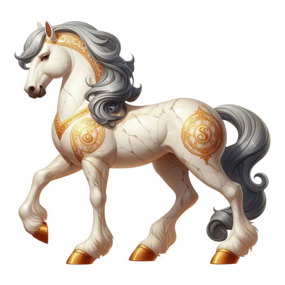 Stylized White Horse Statue with Gold Accents and Gray Mane