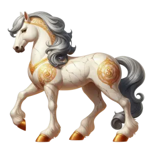 Stylized White Horse Statue with Gold Accents and Gray Mane