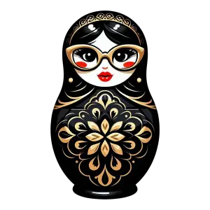 Stylized Black and Gold Russian Matryoshka Doll with Glasses