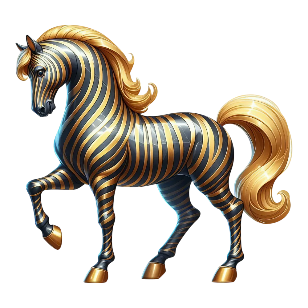 Stylized Black and Gold Striped Horse with Golden Mane and Tail