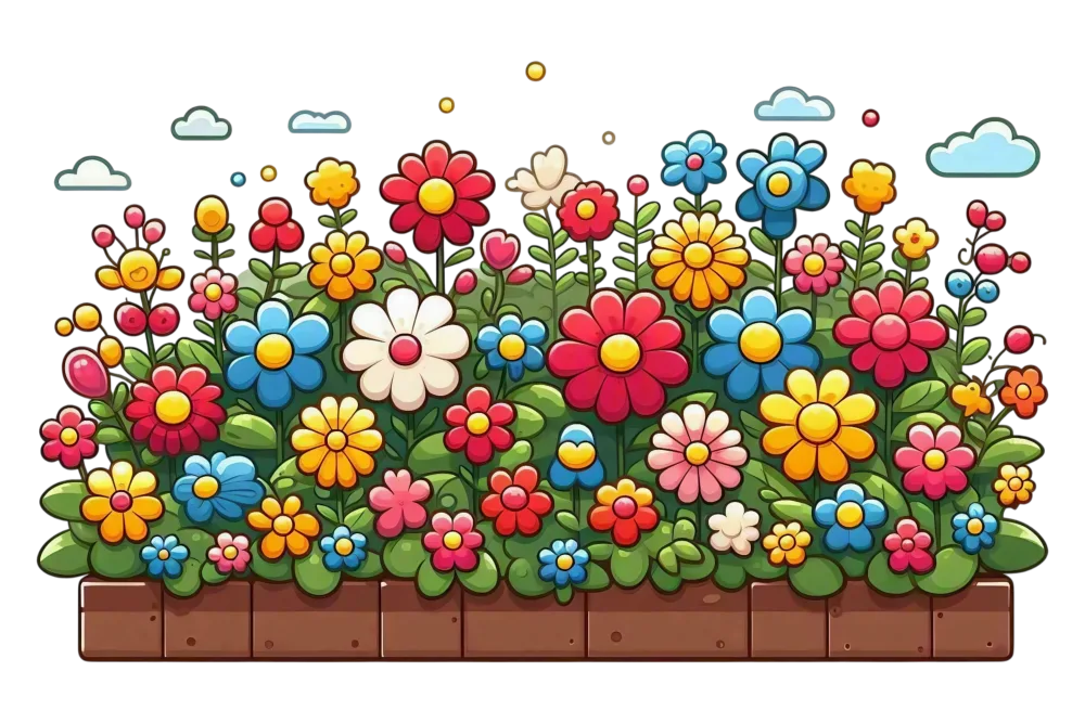 Colorful Cartoon Flower Bed with Various Blossoms and Green Leaves
