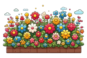 Colorful Cartoon Flower Bed with Various Blossoms and Green Leaves