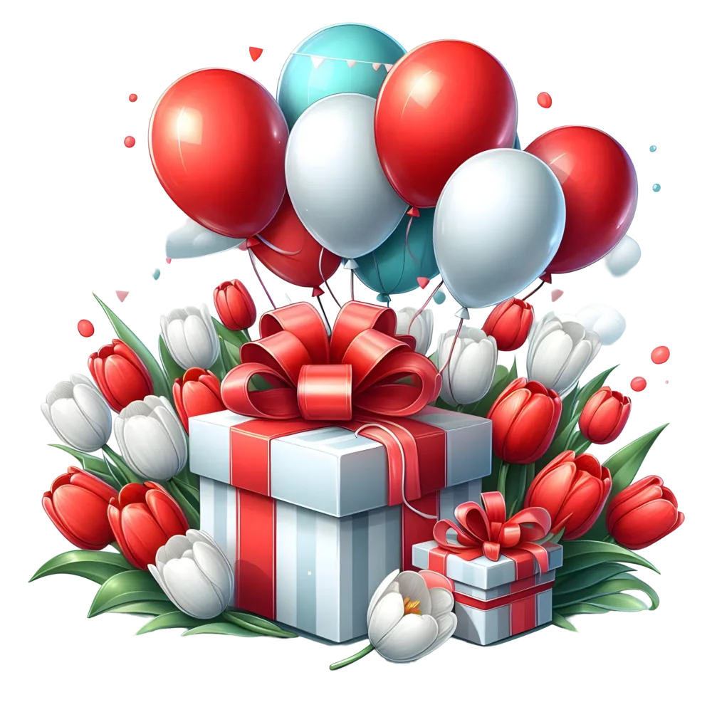 Gift Boxes with Red and White Tulips and Balloons