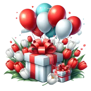 Gift Boxes with Red and White Tulips and Balloons