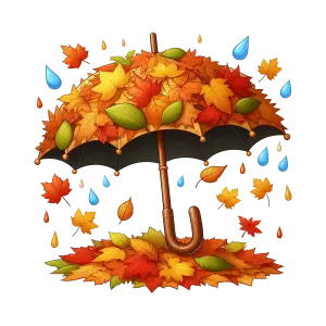 Autumn Umbrella with Falling Leaves and Raindrops