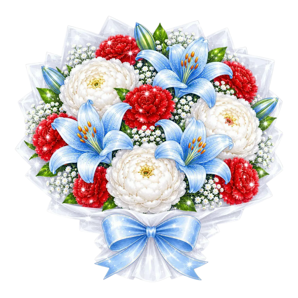 Decorative Bouquet with Blue Lilies, White Peonies, and Red Carnations
